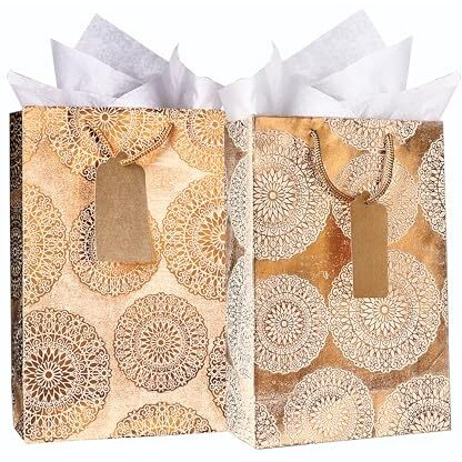 Kidsywinsy Pack Of 50 Bronze Vintage Foil Gift Bag (Small,7 * 3 * 10.5 Inches) With Tissue & Thank You Card-Paper Gift Bags | Return Gift Bags For Baby Shower, Festive Gifting, Birthday, Wedding