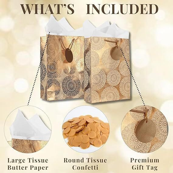 Kidsywinsy Pack Of 50 Bronze Vintage Foil Gift Bag (Small,7 * 3 * 10.5 Inches) With Tissue & Thank You Card-Paper Gift Bags | Return Gift Bags For Baby Shower, Festive Gifting, Birthday, Wedding
