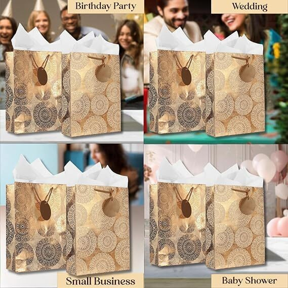 Kidsywinsy Pack Of 50 Bronze Vintage Foil Gift Bag (Small,7 * 3 * 10.5 Inches) With Tissue & Thank You Card-Paper Gift Bags | Return Gift Bags For Baby Shower, Festive Gifting, Birthday, Wedding