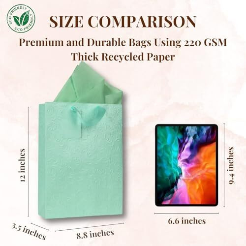 Kidsy Winsy Pack Of 5 Pastel Mint Gift Bags (Medium,8.65 * 3 * 12 Inches) With Tissue & Thank You Card - Paper Gift Bag | Return Gift Bags For Pooja, Baby Shower, Festive Gifting, Birthday, Wedding
