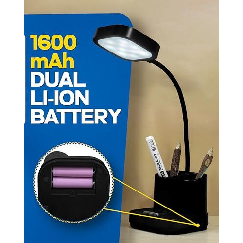 Weird Wolf Led Desk Lamp With Dual Lithium Battery | 3-Level Brightness | Touch Control, Goose Neck | Pen Holder | Black Plastic - Pack Of 1