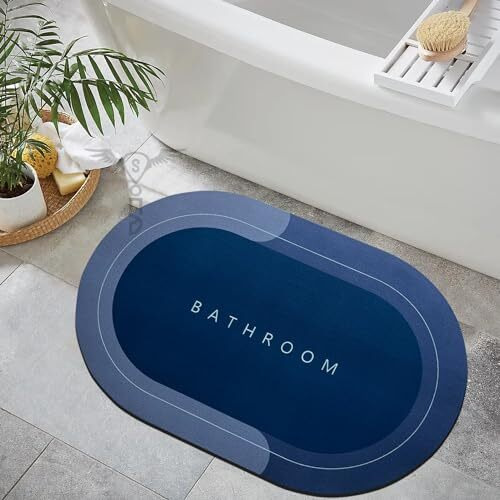 Sittella 2 Pieces (3.5Mm) Anti-Skid Water Soaking Oval Bathroom Print Rubber Mat, Water Absorbent Mat (40X60Cm) Blue