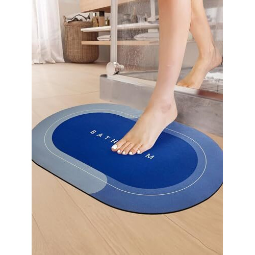 Sittella Rubber 3.5Mm Anti Skid Water Absorbent Water Soaking Bathroom Print Door Mat (40X60Cm) Light Blue Pack Of 1, Oval