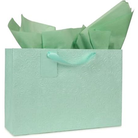 Kidsy Winsy Pack Of 5 Pastel Mint Gift Bags (Large, 16 * 5 * 11 Inches) With Tissue & Thank You Card - Paper Gift Bag | Return Gift Bags For Pooja, Baby Shower, Festive Gifting, Birthday, Wedding
