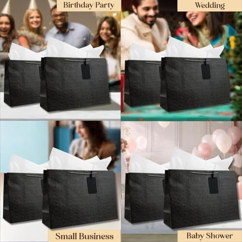 Kidsywinsy Pack Of 10 Gunmetal Embossed Gift Bags (Large,16 * 5 * 11 Inches) With Tissue & Thank You Card-Paper Gift Bag| Return Gift Bags For Pooja, Baby Shower, Festive Gifting, Birthday, Wedding