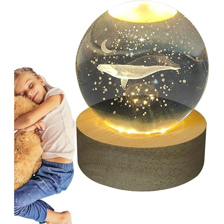 Desidiya Whale 3D Crystal Ball Night Light With Wooden Base - Led Usb Table Lamp For Kids, Teens, And Home Decor