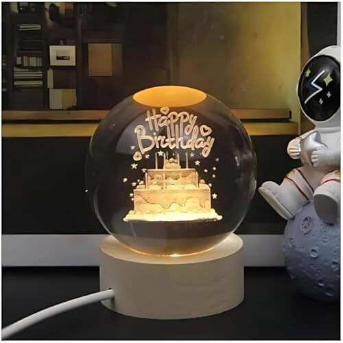 Desidiya 3D Crystal Happy Birthday Lamp Engraved Crystal Ball Led Night Light With Wooden Base - Usb Powered Glass Ball Led Night Light Table Lamp For Kids Room, Teens Home & Office Decor,Warm White