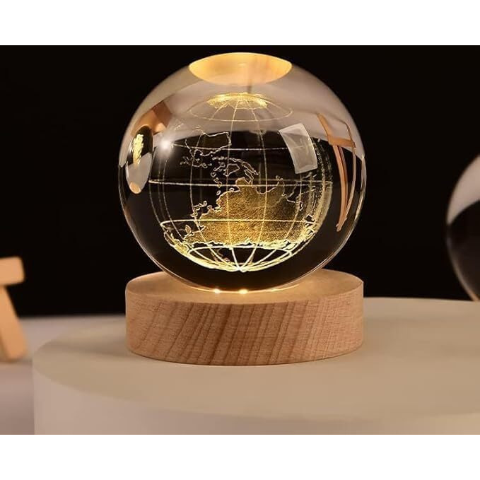 Desidiya 3D Globe Crystal Ball Night Light With Wooden Base - Led Usb Table Lamp For Kids, Teens, And Home Decor