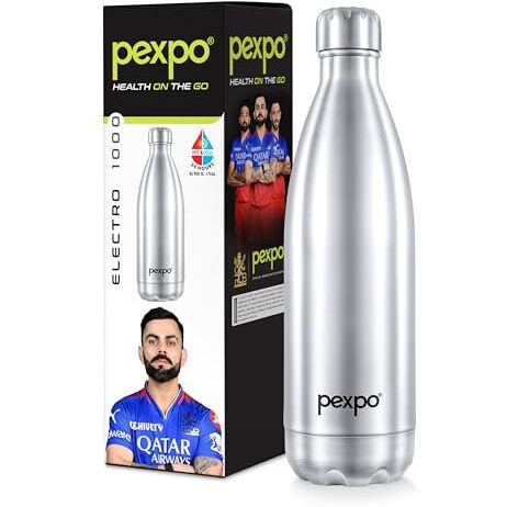 Pexpo Electro Pro 1000 Hot & Cold Isi Certified | Stainless Steel Water Bottle - 980Ml, Silver | Thermoflask | Office Bottle | Workout | Travelling | Home | Rcb Edition