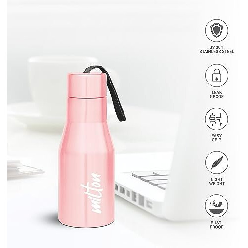 Milton Super 500 Stainless Steel Water Bottle, 475 Ml Water Bottles, Single Walled, Leak-Proof, Rust-Free Steel Bottle, Easy Grip, Easy To Carry, Travel Bottle, Light Pink