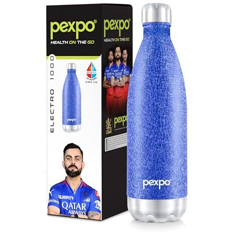 Pexpo Electro Pro 1000 Hot & Cold Isi Certified | Stainless Steel Water Bottle - 980Ml, Blue | Thermoflask | Office Bottle | Workout | Travelling | Home | Rcb Edition