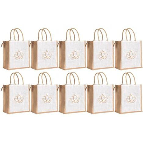 Soman Jute Ecofriendly Return Gift Bags Lotus With Zip White Natural Pack Of 10 Bags