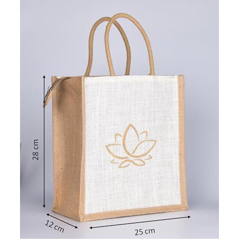 Soman Jute Ecofriendly Return Gift Bags Lotus With Zip White Natural Pack Of 10 Bags