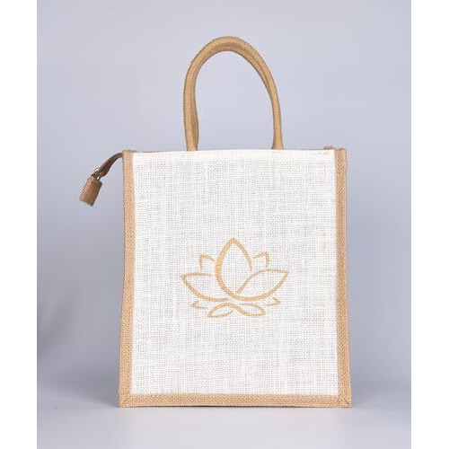Soman Jute Ecofriendly Return Gift Bags Lotus With Zip White Natural Pack Of 10 Bags
