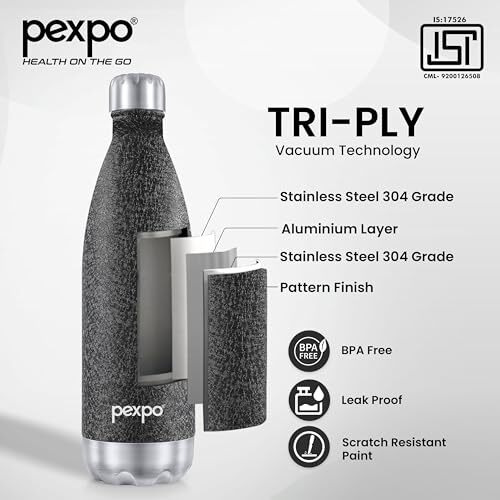 Pexpo Electro 1000 Hot & Cold Isi Certified Flask | Stainless Steel Water Bottle - 980Ml, Black, Pack Of 2 | Thermoflask | Office Bottle | Workout | Travelling | Home