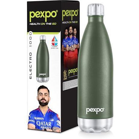 Pexpo Electro Pro 1000 Hot & Cold Isi Certified | Stainless Steel Water Bottle - 980Ml, Military Green | Thermoflask | Office Bottle | Workout | Travelling | Home | Rcb Edition