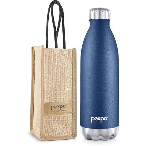 Pexpo Electro Hot & Cold Isi Certified With Jute Bag | Stainless Steel Water Bottle - 1500Ml Denim Blue | Thermoflask | Office Bottle | Workout | Travelling | Home