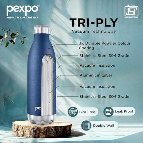 Pexpo Electro Hot & Cold Isi Certified With Jute Bag | Stainless Steel Water Bottle - 1500Ml Denim Blue | Thermoflask | Office Bottle | Workout | Travelling | Home