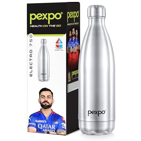 Pexpo Electro Pro Hot & Cold Isi Certified With Jute Bag | Stainless Steel Water Bottle - 750Ml Silver | Thermoflask | Office Bottle | Workout | Travelling | Home | Rcb Edition