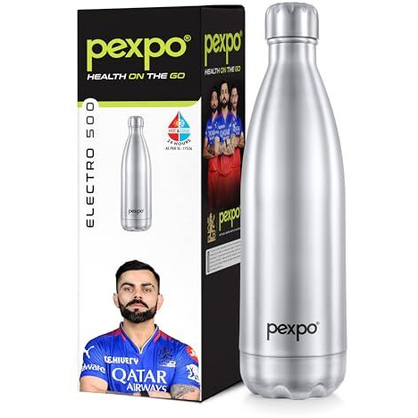 Pexpo Electro Pro Hot & Cold Isi Certified | Stainless Steel Water Bottle - 500Ml Silver | Thermoflask | Office Bottle | Workout | Travelling | Home | Rcb Edition
