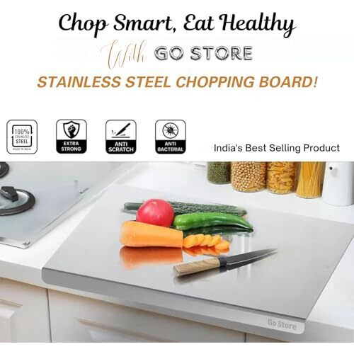 Go Store Premium (35 X 30 Cm) Stainlesssteel Countertop Chopping Board For Kitchen, Food-Grade Stainless Steel, Ideal For Vegetables, Fruits, Meat, Baking, Non-Slip, Anti-Bacterial