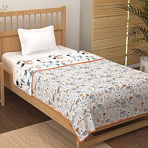 Story@Home Single Bed Dohar | 100% Pure Cotton Blankets For Summer | 144 X 220Cm 150Gsm | Ac Quilt And Ac Comforter Single Bed | Grey & Yellow | Floral Pattern Cotton Duvet | Ideal For Gifting