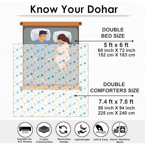 Story@Home Dohar Double Bed Cotton 100% | 150Gsm Quilt | Cooling Blankets For Summer | 225 X240 Cm Reversible And Cozy Ac Comforter Double Bed | Blue Geometric Design Duvet | Ideal For Gifting