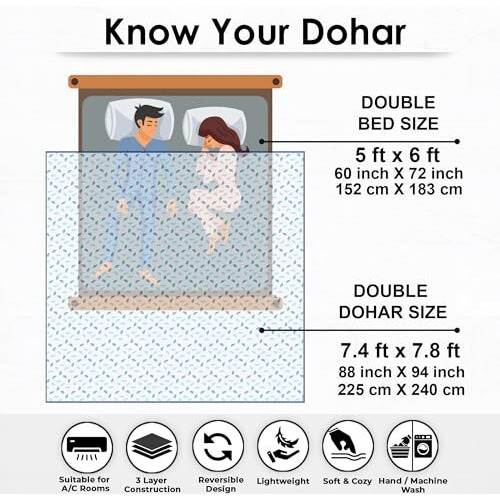Story@Home Dohar Double Bed Cotton 100% | 150Gsm Blanket Quilt Single Bed | 225 X240 Cm Reversible | Soft & Cozy Ac Comforter Double Bed | Blue & White | Geometric Design Duvet | Ideal For Giftingx