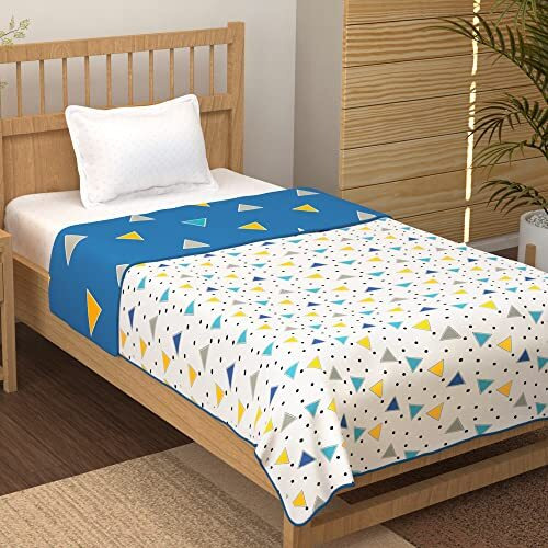 Story@Home Dohar Single Bed | 100% Pure Cotton Blankets For Summer | 150Gsm 144 X 220Cm Quilt Single Bed | Ac Comforter Single Bed | Blue & Yellow, Geometric Pattern Duvet | Ideal For Gifting