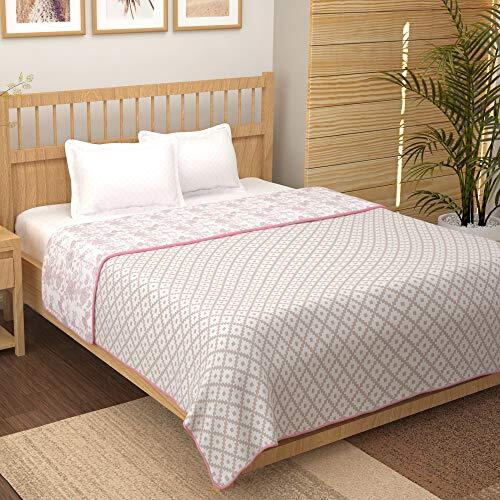 Story@Home Dohar Double Bed Cotton 100% | Blanket 150Gsm Quilt | 225 X240 Cm Reversible And Cozy Ac Comforter Double Bed | White & Baby Pink | Geometric Design Duvet | Ideal For Gifting