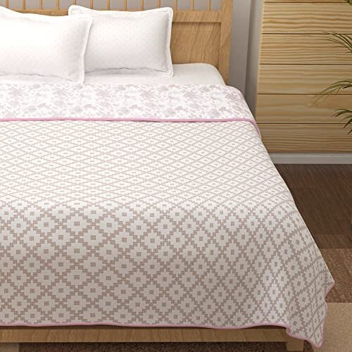 Story@Home Dohar Double Bed Cotton 100% | Blanket 150Gsm Quilt | 225 X240 Cm Reversible And Cozy Ac Comforter Double Bed | White & Baby Pink | Geometric Design Duvet | Ideal For Gifting