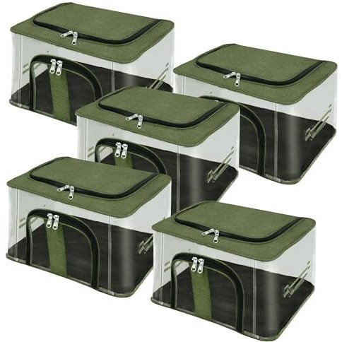 Storite 5 Pack Nylon 33 L Pvc Transparent Moisture Proof Storage Box For Clothes Closet Wardrobe Organizer For Clothes Saree Bags With Carry Handle - (Darkgreen, 44 X 31 X 24 Cm)