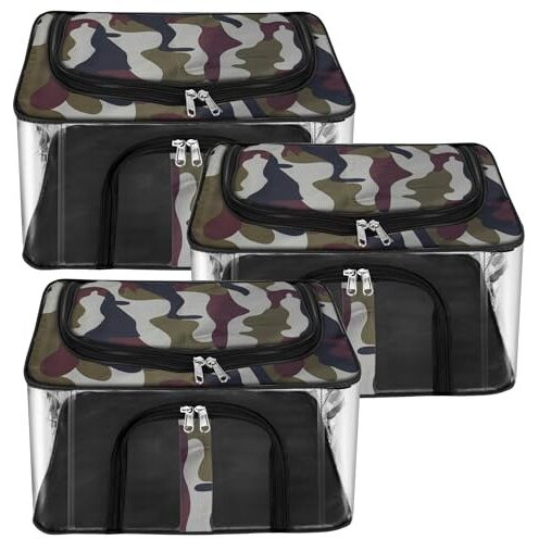 Storite 3 Pack Nylon 33 L Military Print Transparent Moisture Proof Storage Box For Clothes Closet Wardrobe Organizer For Clothes Saree Bags With Carry Handle - (44 X 31 X 24 Cm)