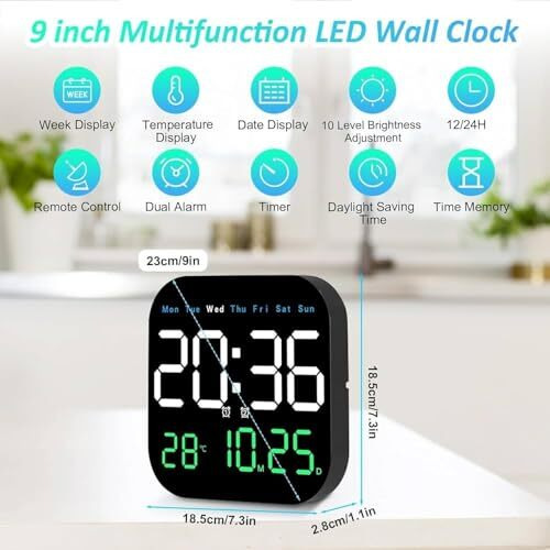 Cbk Digital Alarm Wall Clock Table Clock, 9 Inch Led Clock With Date And Temperature,Auto Dimming, Day Of Week, Remote Control, Perfect For Home Office Table Desk, Living Room