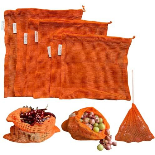 Necavu 100% Cotton Set Of 6 Fridge Drawstring Bags | Eco-Friendly Natural Vegetables Storage Mesh Net For Fridge | Multi-Purpose Cotton Mesh Bag (Pumpkin Orange)