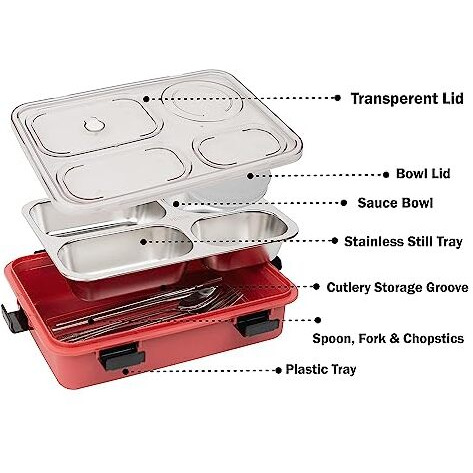 Brand Conquer Lunch Boxes For Adults - Lunch Box For Kids With Spoon & Fork - Durable Perfect Size For On-The-Go Meal, Bpa-Free And Food 4 Compartment Stainless Steel (4 Compartment, Red) 0.9 Liters