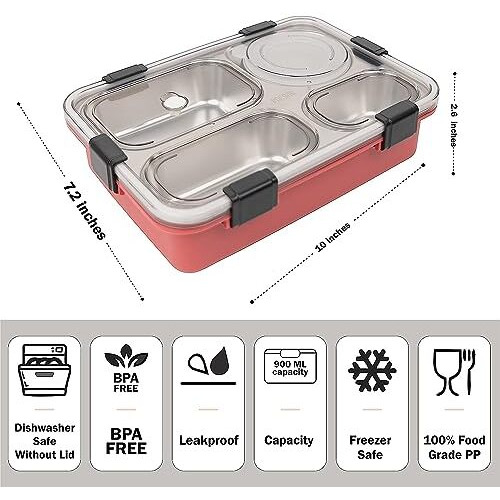 Brand Conquer Lunch Boxes For Adults - Lunch Box For Kids With Spoon & Fork - Durable Perfect Size For On-The-Go Meal, Bpa-Free And Food 4 Compartment Stainless Steel (4 Compartment, Red) 0.9 Liters