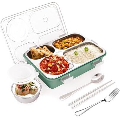Brand Conquer Lunch Boxes For Adults - Lunch Box For Kids With Spoon & Fork - Durable Perfect Size For On-The-Go Meal, Bpa-Free And Food 4 Compartment Stainless Steel (4 Compartment, Green) 900 Ml