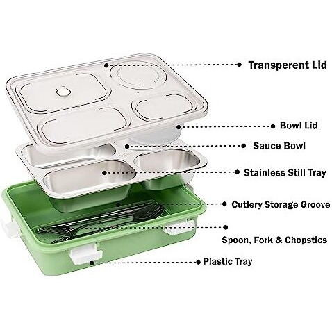 Brand Conquer Lunch Boxes For Adults - Lunch Box For Kids With Spoon & Fork - Durable Perfect Size For On-The-Go Meal, Bpa-Free And Food 4 Compartment Stainless Steel (4 Compartment, Green) 900 Ml