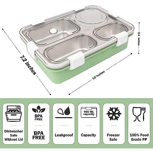 Brand Conquer Lunch Boxes For Adults - Lunch Box For Kids With Spoon & Fork - Durable Perfect Size For On-The-Go Meal, Bpa-Free And Food 4 Compartment Stainless Steel (4 Compartment, Green) 900 Ml