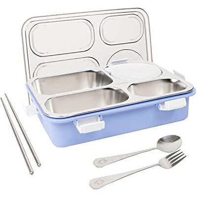 Brand Conquer Lunch Boxes For Adults - Lunch Box For Kids With Spoon & Fork - Durable Perfect Size For On-The-Go Meal, Bpa-Free And Food 4 Compartment Stainless Steel (4 Compartment, Purple) 900 Ml