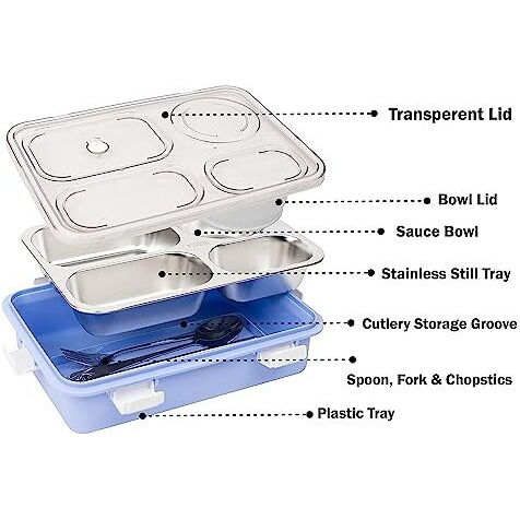 Brand Conquer Lunch Boxes For Adults - Lunch Box For Kids With Spoon & Fork - Durable Perfect Size For On-The-Go Meal, Bpa-Free And Food 4 Compartment Stainless Steel (4 Compartment, Purple) 900 Ml