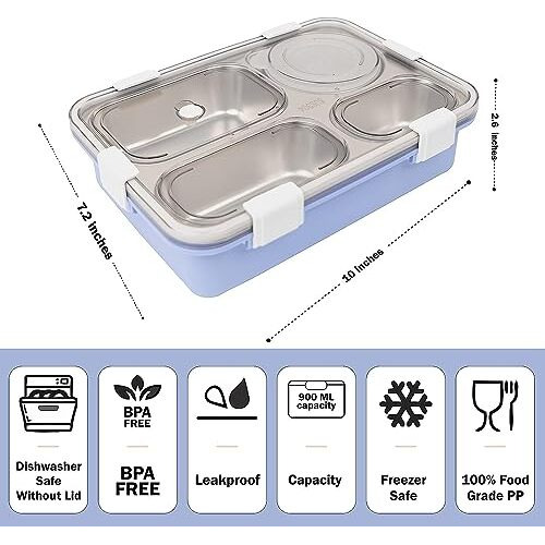Brand Conquer Lunch Boxes For Adults - Lunch Box For Kids With Spoon & Fork - Durable Perfect Size For On-The-Go Meal, Bpa-Free And Food 4 Compartment Stainless Steel (4 Compartment, Purple) 900 Ml