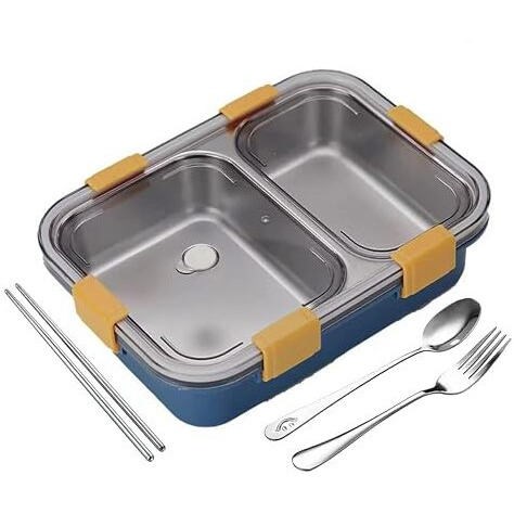 Brand Conquer Lunch Box Sealed Leakage Proof Stainless Steel Lunch Box With Fork,Chopstick & Spoon Lid Office Food Container 2 Compartment For School Kids And Adults, 750Ml (2 Compartment, Blue)