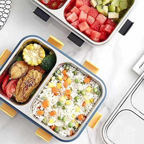 Brand Conquer Lunch Box Sealed Leakage Proof Stainless Steel Lunch Box With Fork,Chopstick & Spoon Lid Office Food Container 2 Compartment For School Kids And Adults, 750Ml (2 Compartment, Blue)