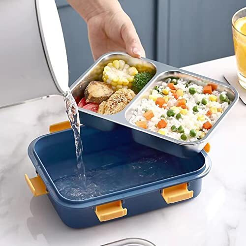 Brand Conquer Lunch Box Sealed Leakage Proof Stainless Steel Lunch Box With Fork,Chopstick & Spoon Lid Office Food Container 2 Compartment For School Kids And Adults, 750Ml (2 Compartment, Blue)