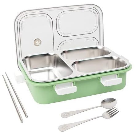 Brand Conquer Lunch Box 3 Compartment Leak-Proof Bpa Free Stainless Steel For School, Lunch Box For School & Office With A Fork, A Spoon And A Pair Of Chopsticks (3 Compartment, Green), 900 Ml