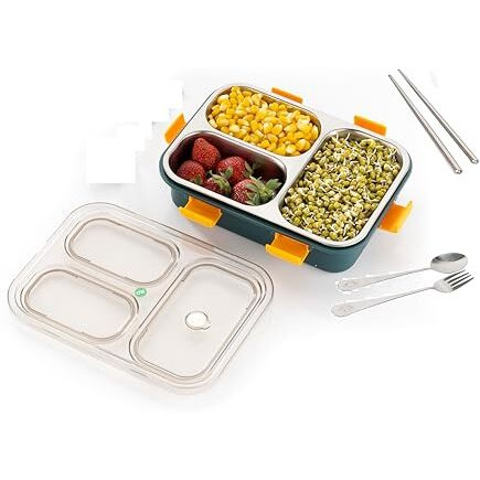 Brand Conquer Lunch Box 3 Compartment Leak-Proof Bpa Free Stainless Steel For School, Lunch Box For School & Office With A Fork, A Spoon And A Pair Of Chopsticks (3 Compartment, Green), 900 Ml