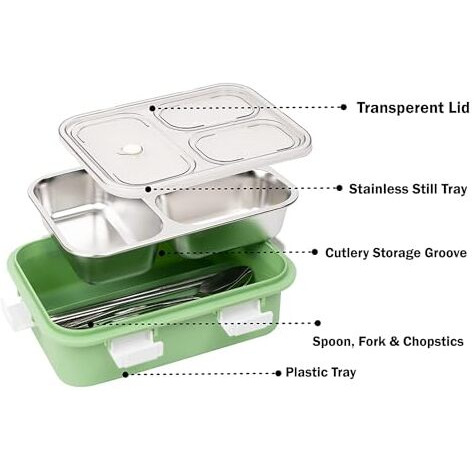 Brand Conquer Lunch Box 3 Compartment Leak-Proof Bpa Free Stainless Steel For School, Lunch Box For School & Office With A Fork, A Spoon And A Pair Of Chopsticks (3 Compartment, Green), 900 Ml