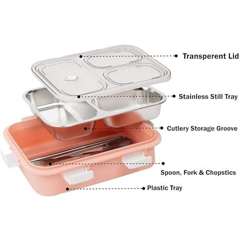 Brand Conquer Lunch Box 3 Compartment Leak-Proof Bpa Free Stainless Steel For School, Lunch Box For School & Office With A Fork, A Spoon And A Pair Of Chopsticks (3 Compartment, Pink), 900Ml
